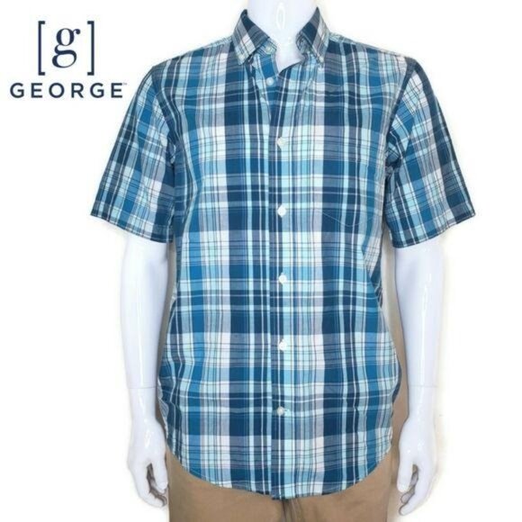 George Mens Short Sleeve Plaid button up Shirt Size S Blue & White vacation - Picture 1 of 5